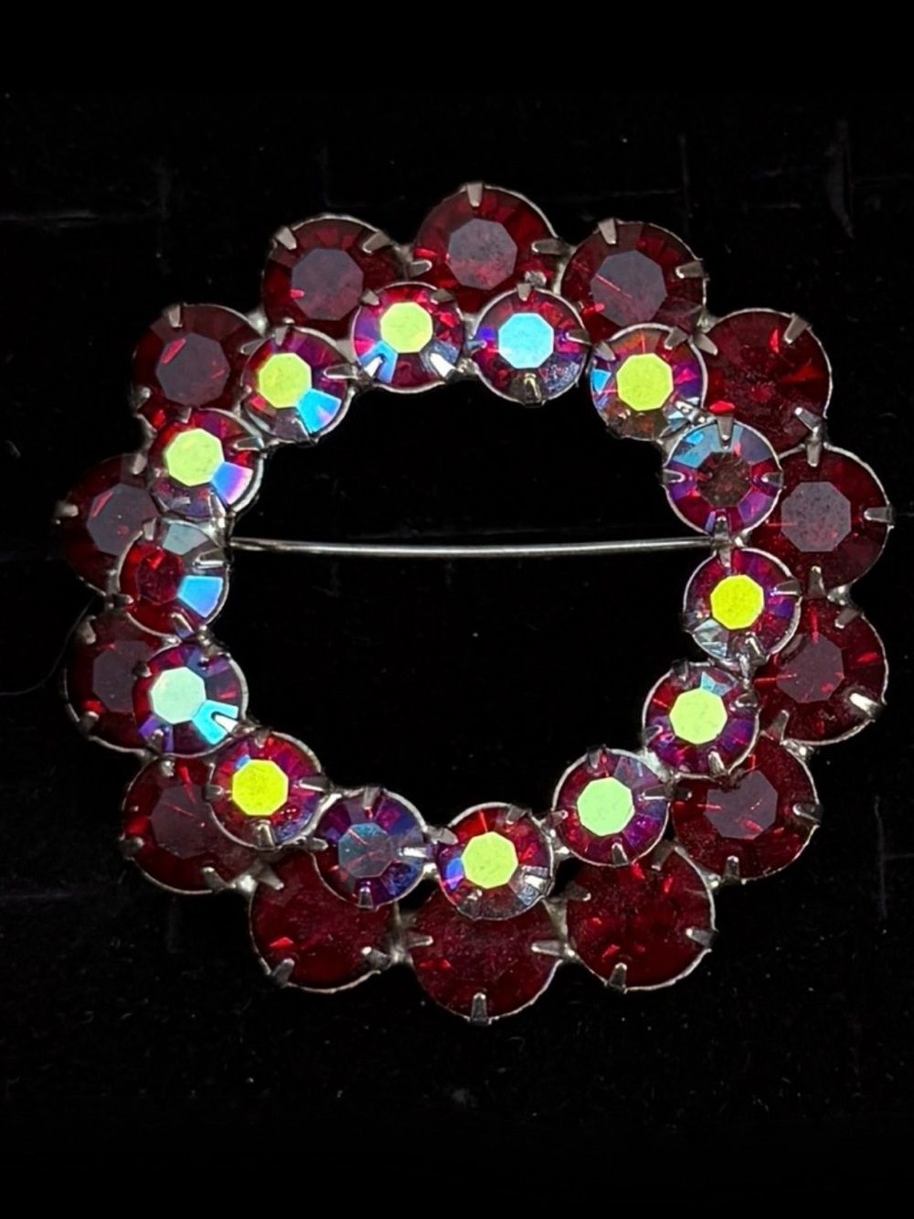 Vintage Deep Ruby Red & Aurora Borealis Brooch